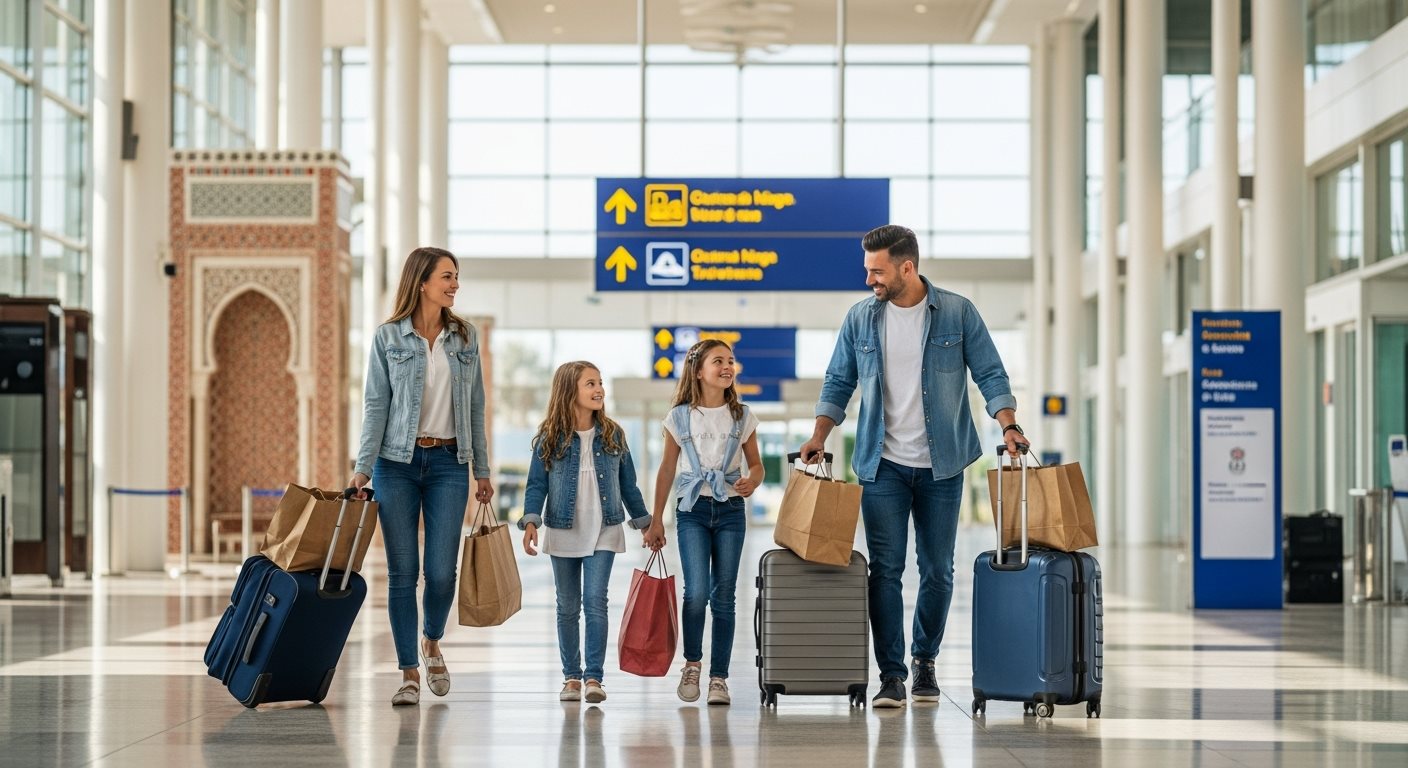 Family tourists arriving at Morocco airport for vacation