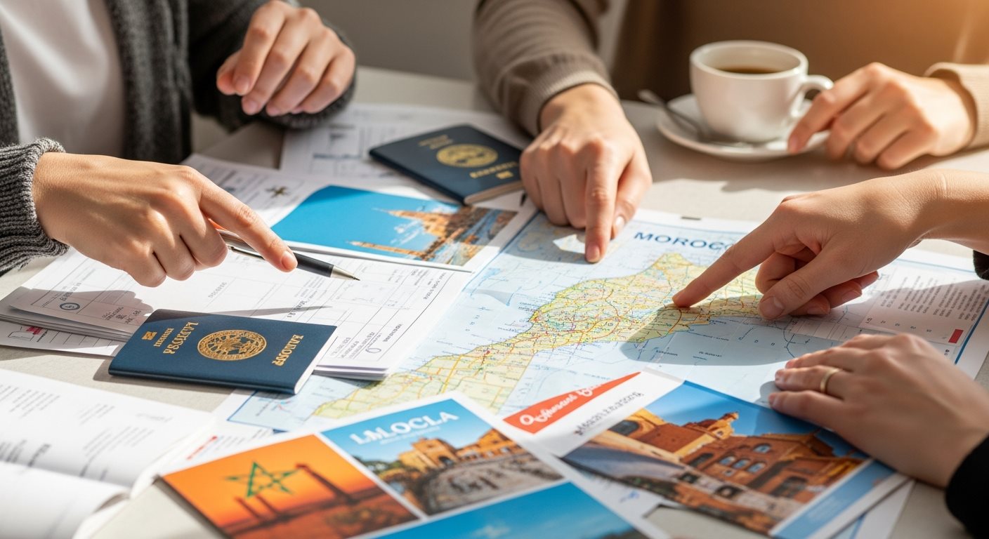 Tourists planning Morocco vacation with travel documents